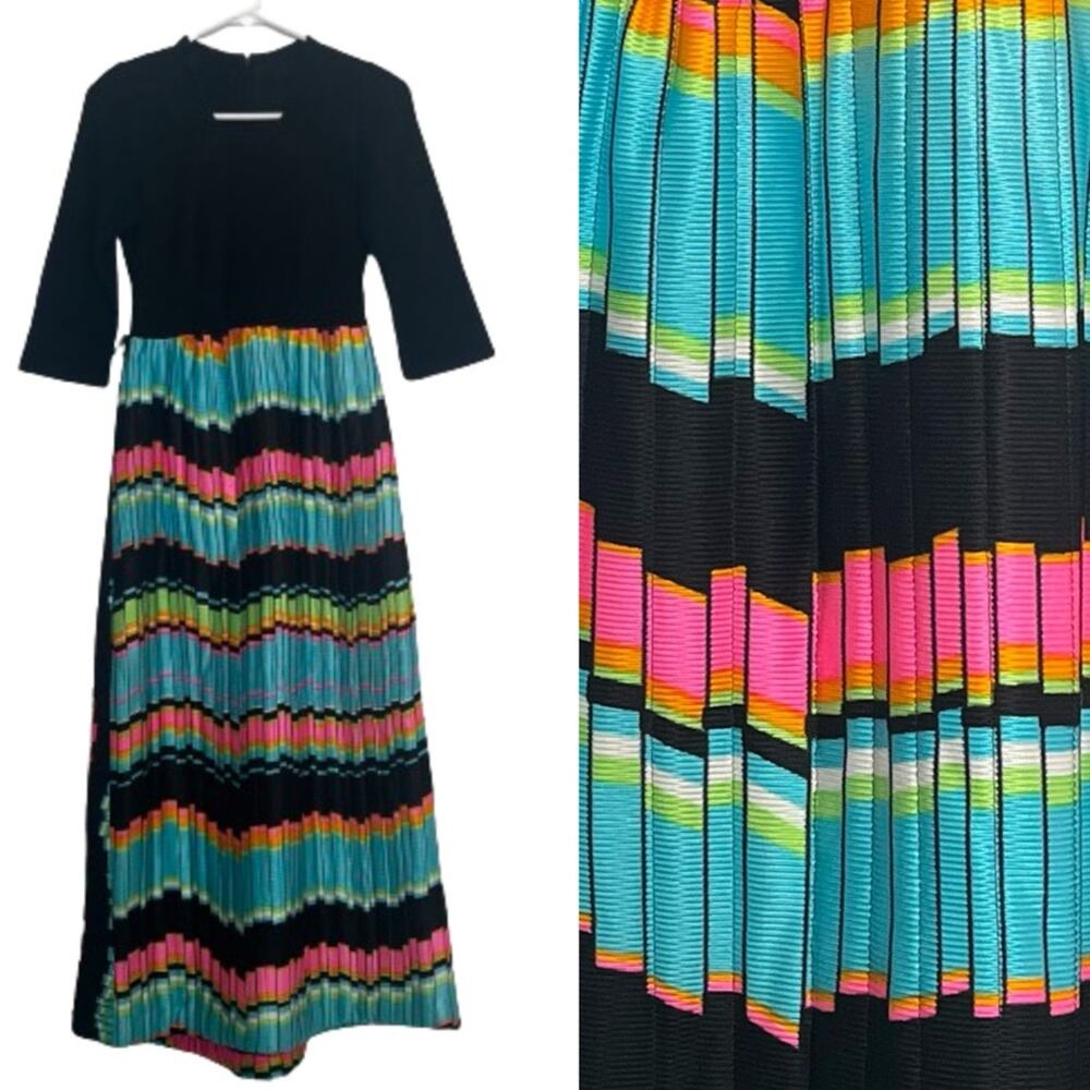 Vintage 70's Neon Bright Colors Black Felt Quilted Maxi Formal Dress Rainbow XXS